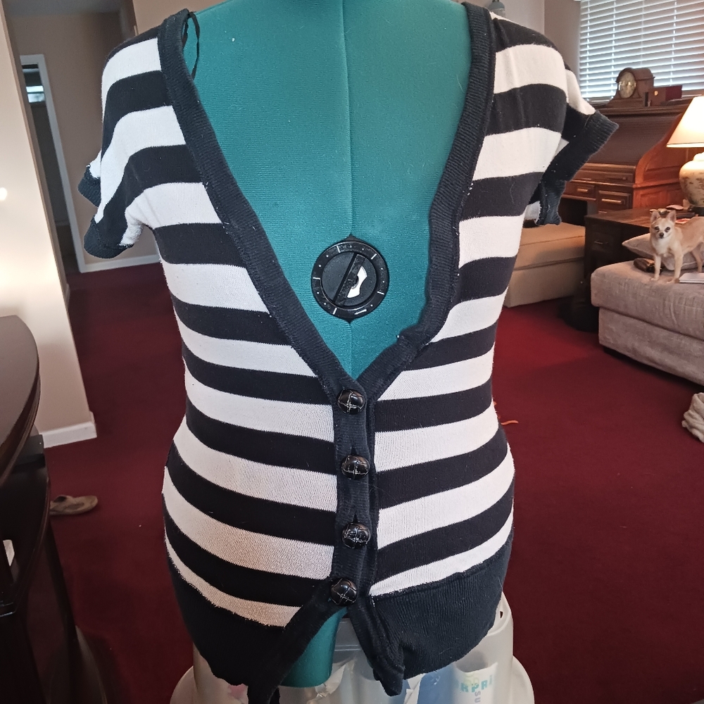 Short sleeve black and white striped cardigan with black trim in Medium